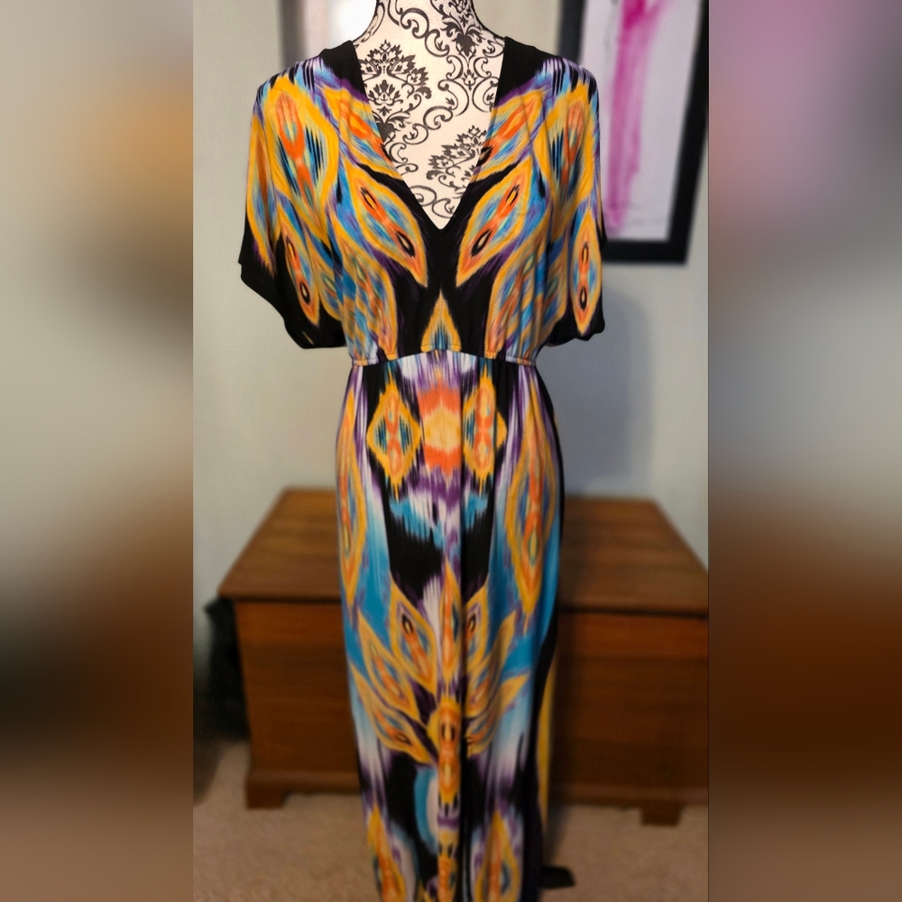 Emma & Michele Vibrant Maxi Dress in Black, Orange, and Blue